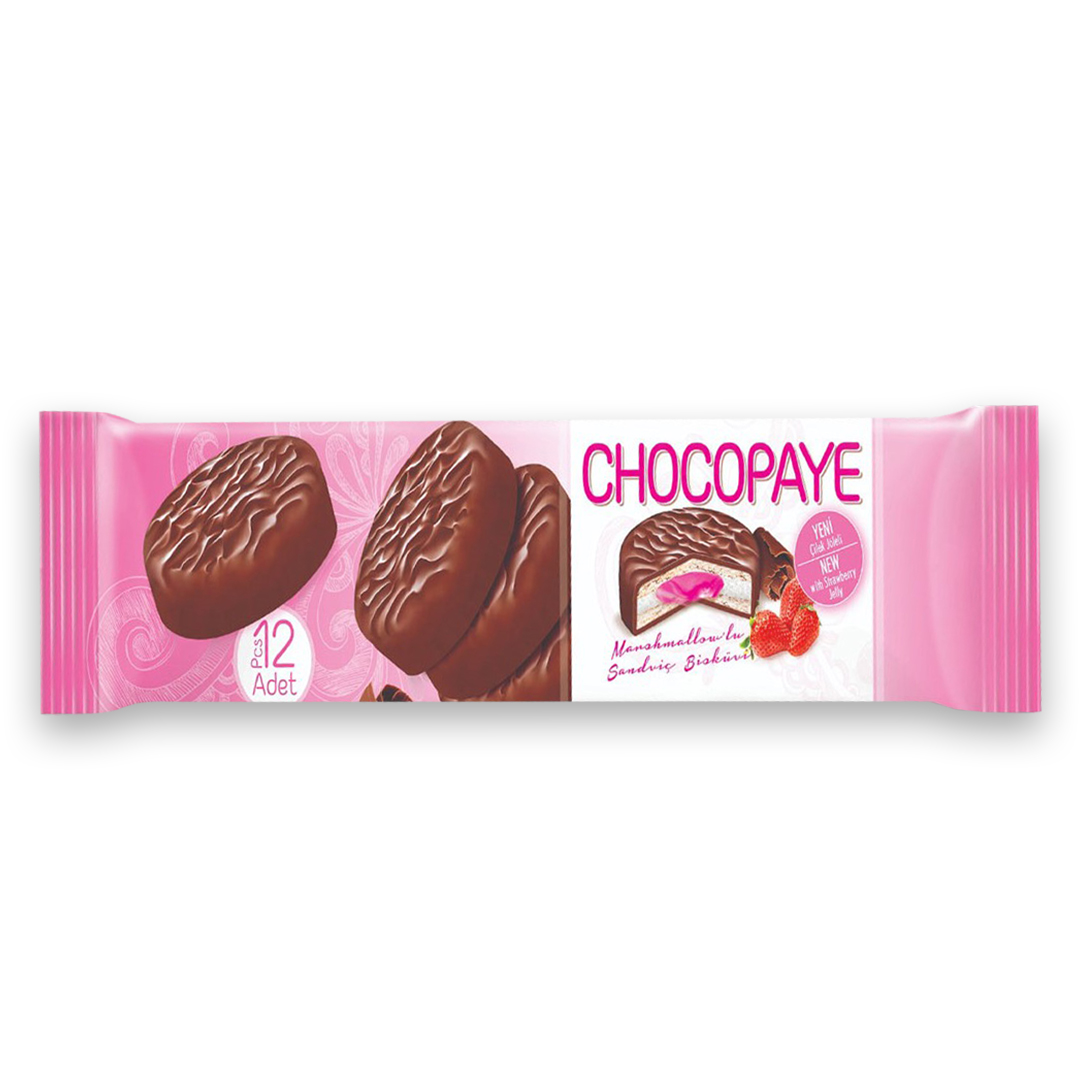 CHOCOPAYE biscuiti sandwich cu marshmallow ,glazura de cacao si jeleu de capsuni 216gr 8692806019496