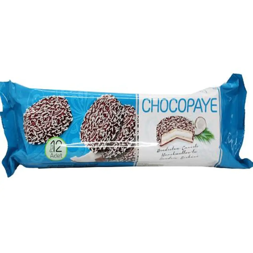 CHOCOPAYE biscuiti sandwich cu marshmallow, glazura cacao si fulgi cocos 216gr 8692806019595